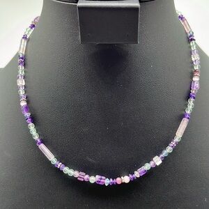 Sajen Sterling bead necklace, 18 inches with glass, Amethyst and jade beads.
